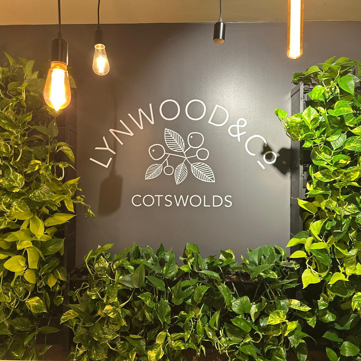 Wall with 'Lynwood & Co Cotswolds' logo framed by green foliage